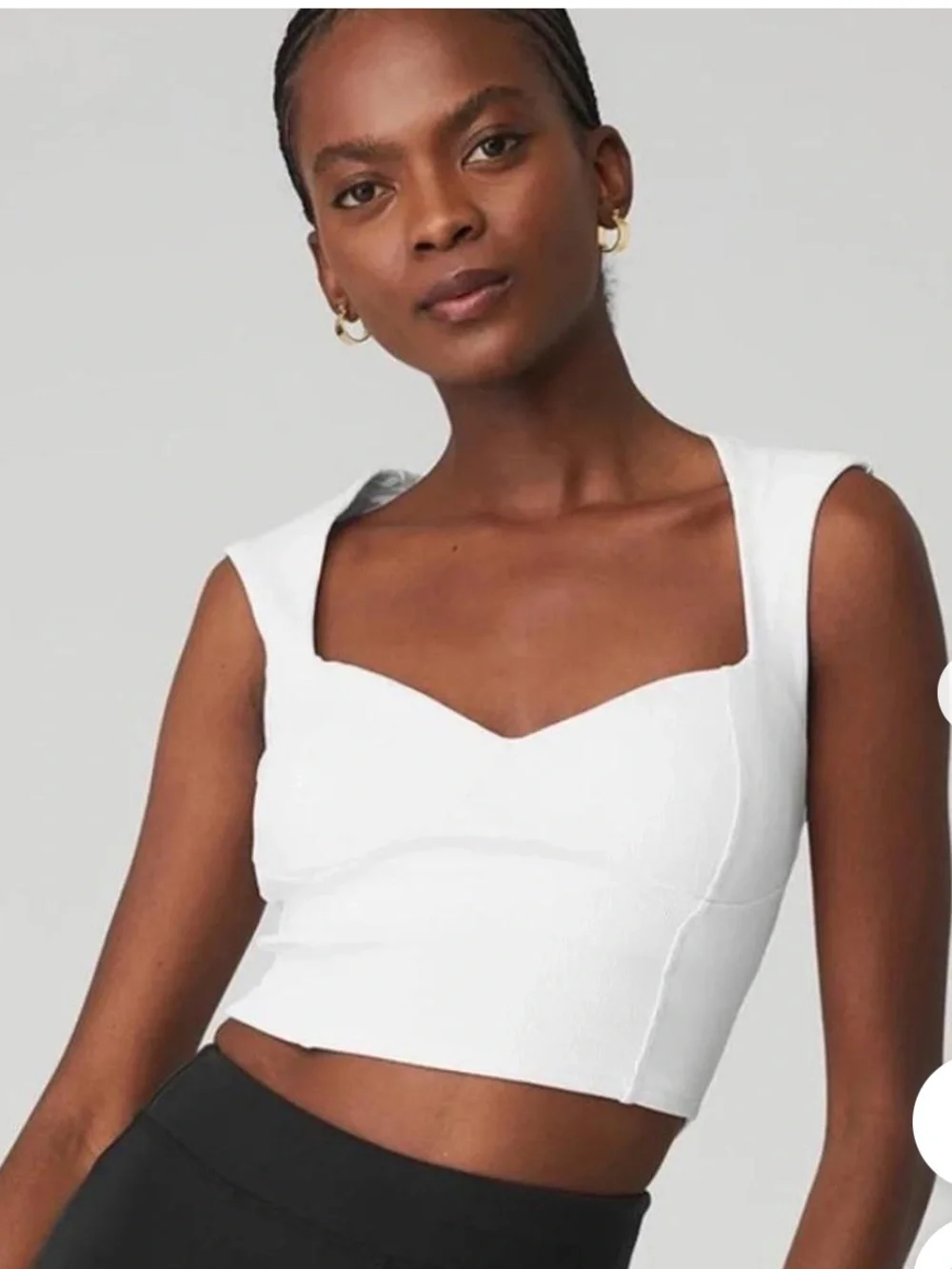 ALO Yoga White Crop Top with Structured Sweetheart Neckline